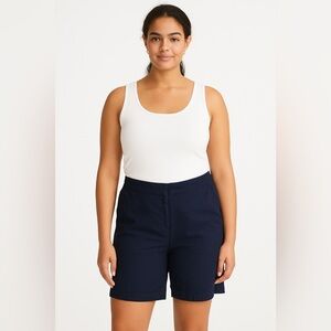 Eileen Fisher Shorts Sz 14 Linen Blend Bermuda Navy Blue Pockets Stretch Comfort